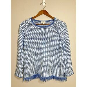 Kinross Sweater Women LARGE Blue White Cotton Woven Fringe‎ Hem Texture Pullover